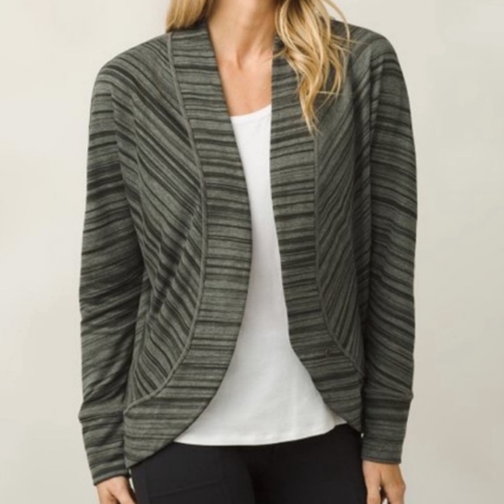 PRANA PARADISO CARDIGAN OPEN FRONT SWEATER HEATHER GRAY AND BLACK SMALL